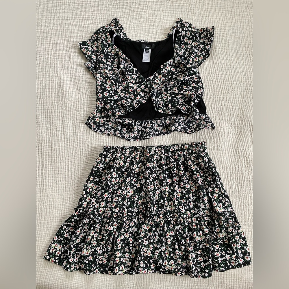 Lulu’s Burst of Blooms Black Floral Print Ruffled Two-Piece Mini Dress